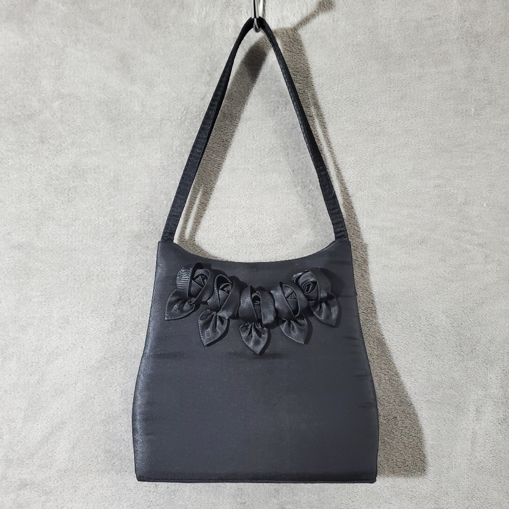 Jenny Buchanan Formal  Black Satin Rose Clutch Bag Crossbody Purse